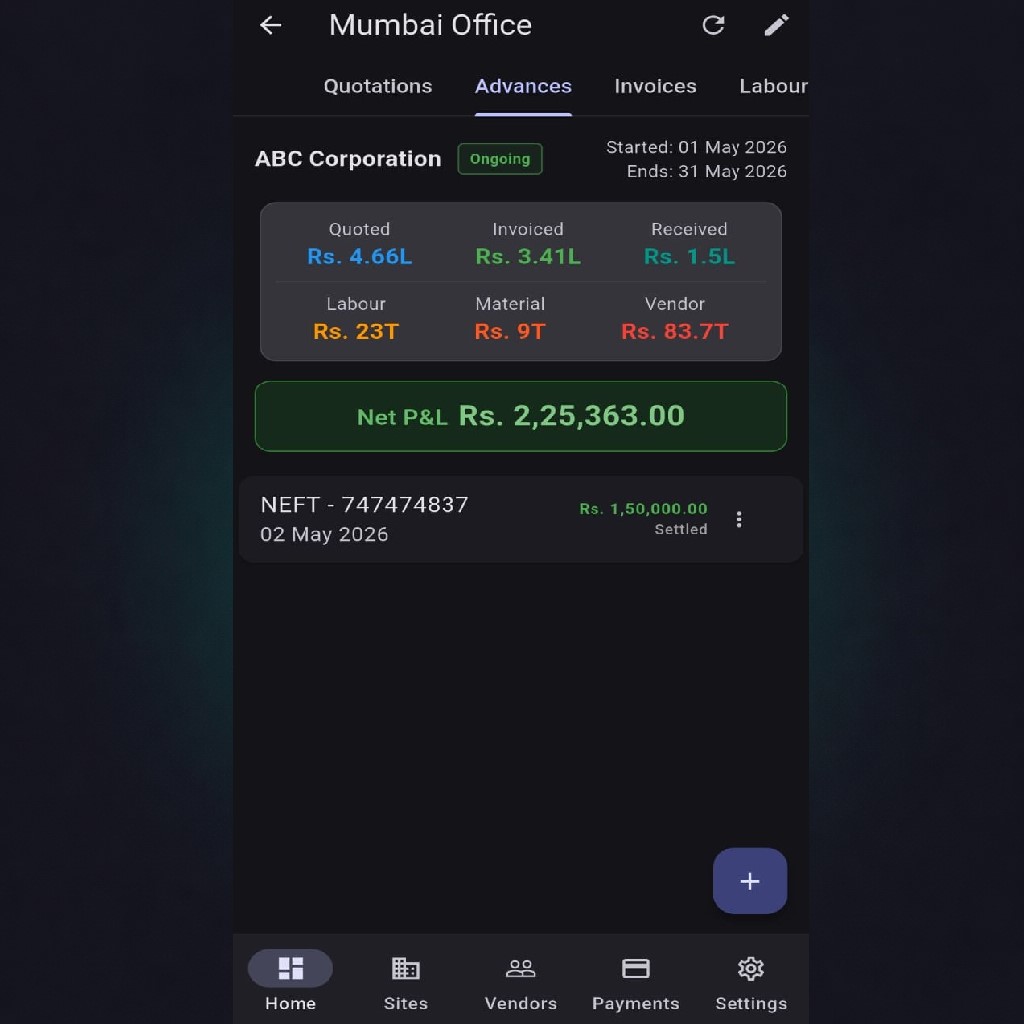 Advance Payments screen